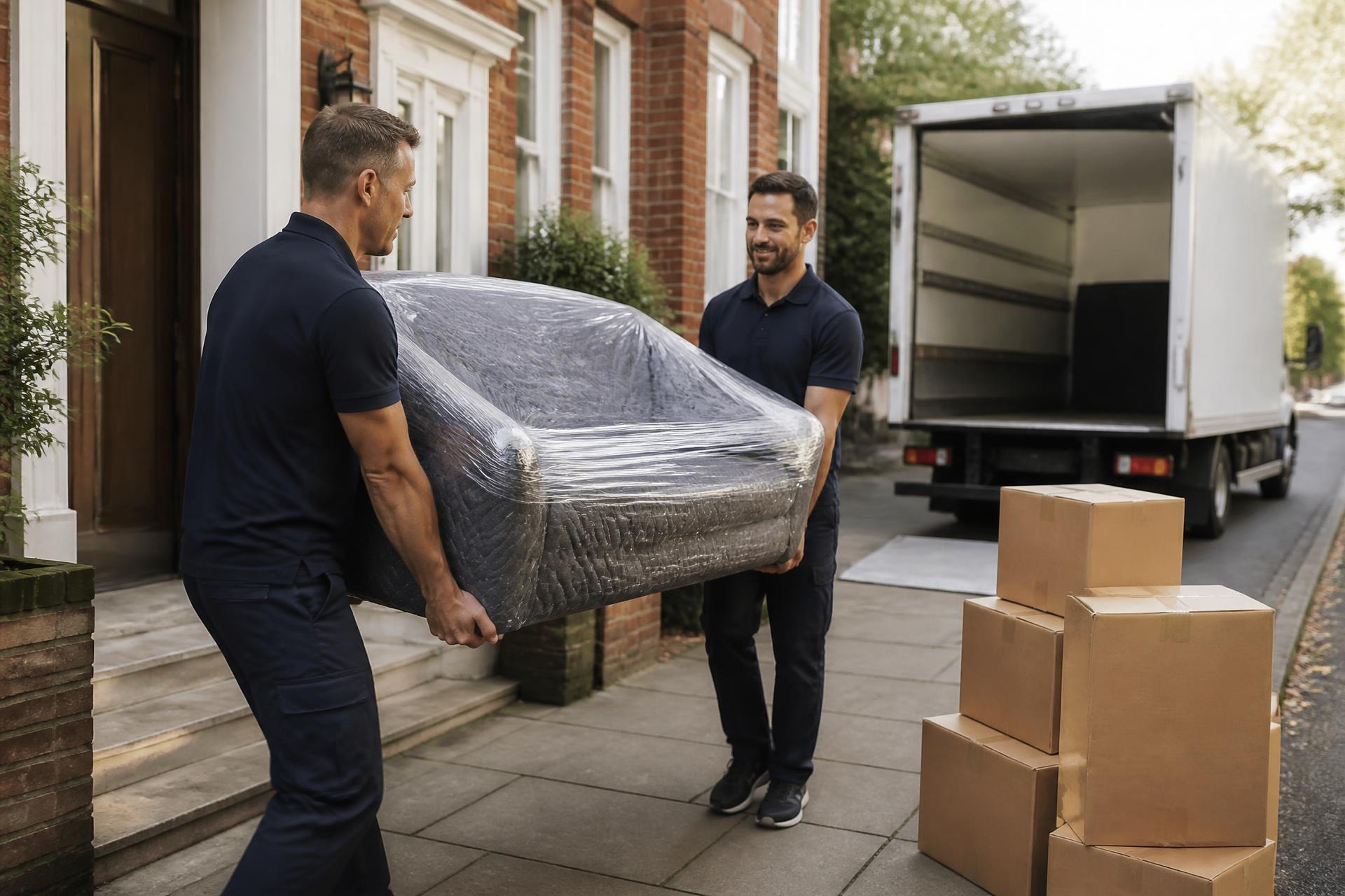 Two removals professionals carefully carrying a wrapped sofa from a UK home into a removals van